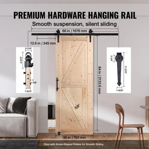 VEVOR Barn Door and Hardware Kit 30&quot; x 84&quot; Wood Sliding Barn Door Kit Smoothly