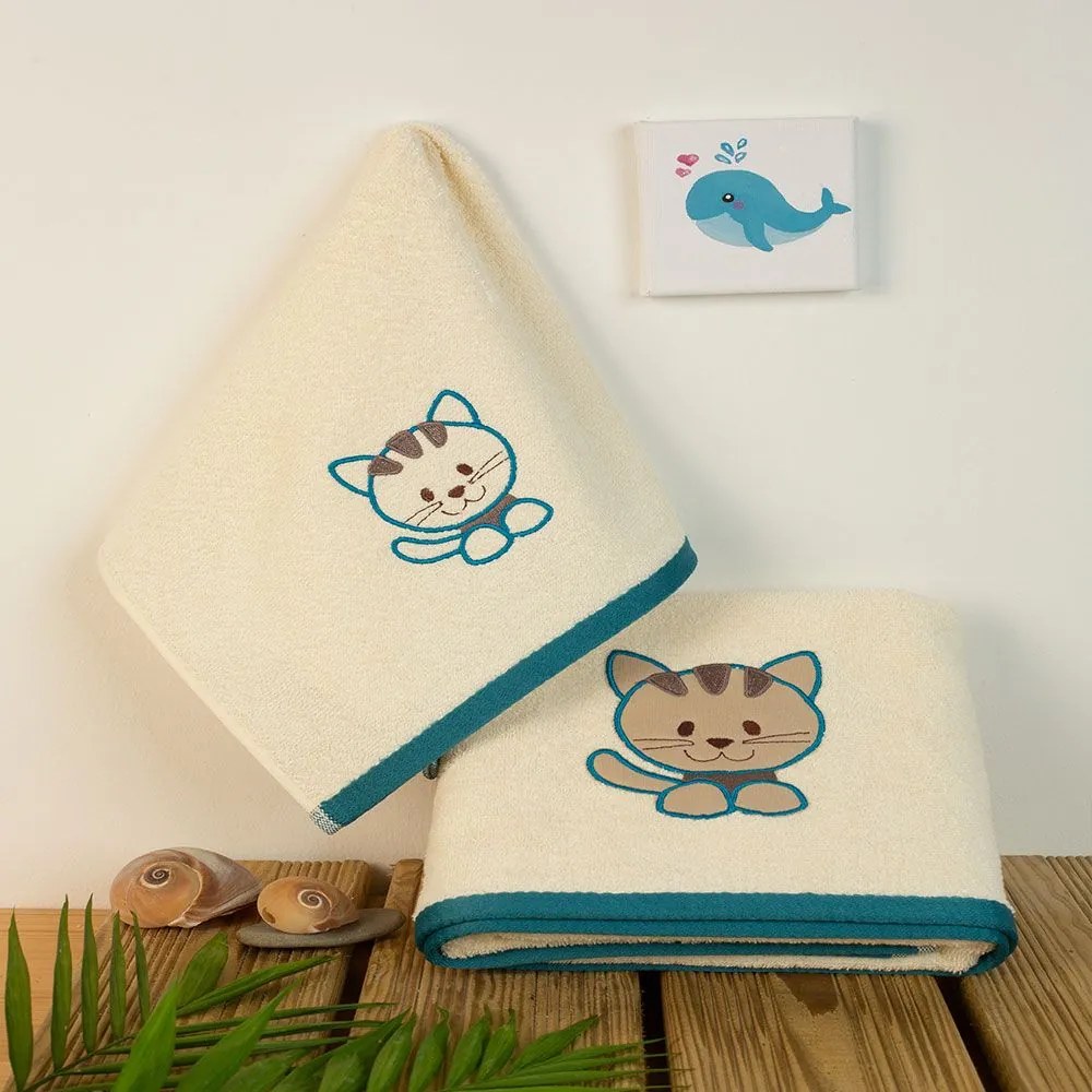 Πετσέτες Βρεφικές Με Κέντημα Kitty 138 (Σετ 2τμχ) Ecru DimCol Towels Set 70x140cm 100% Βαμβάκι