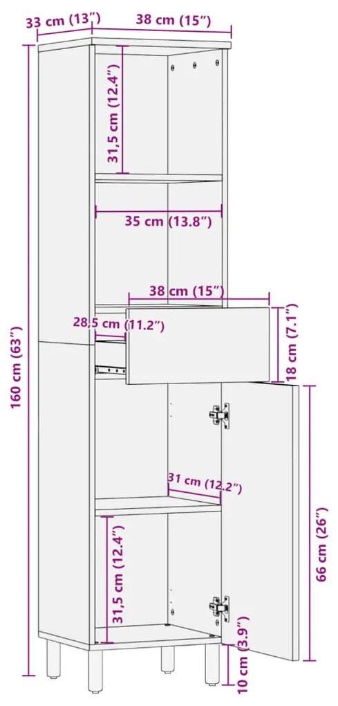 Ντουλάπι Μπάνιου Μαύρο 38 x 33 x 160 εκ. από Μασίφ Ξύλο Μάνγκο - Μαύρο