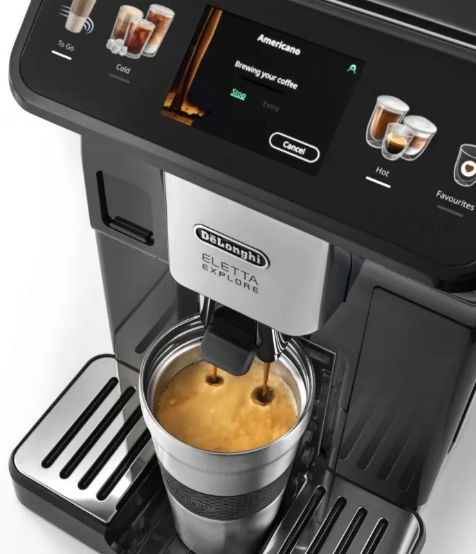 Καφετιέρα DeLonghi Eletta Explore ECAM450.65.G, 1450W, 19 bar, 1.8l, Wi-Fi, Touch TFT display, LatteCrema hot/cool, Twin Shot, To-Go, +Ground coffee, Μαύρο/γκρι