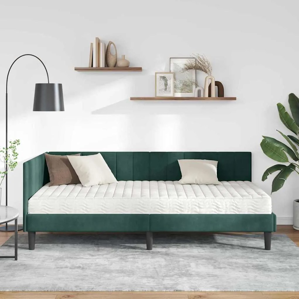 vidaXL Κρεβάτι Γωνίας με στρώμα Σκούρο πράσινο 90 x 200 cm Βελούδο