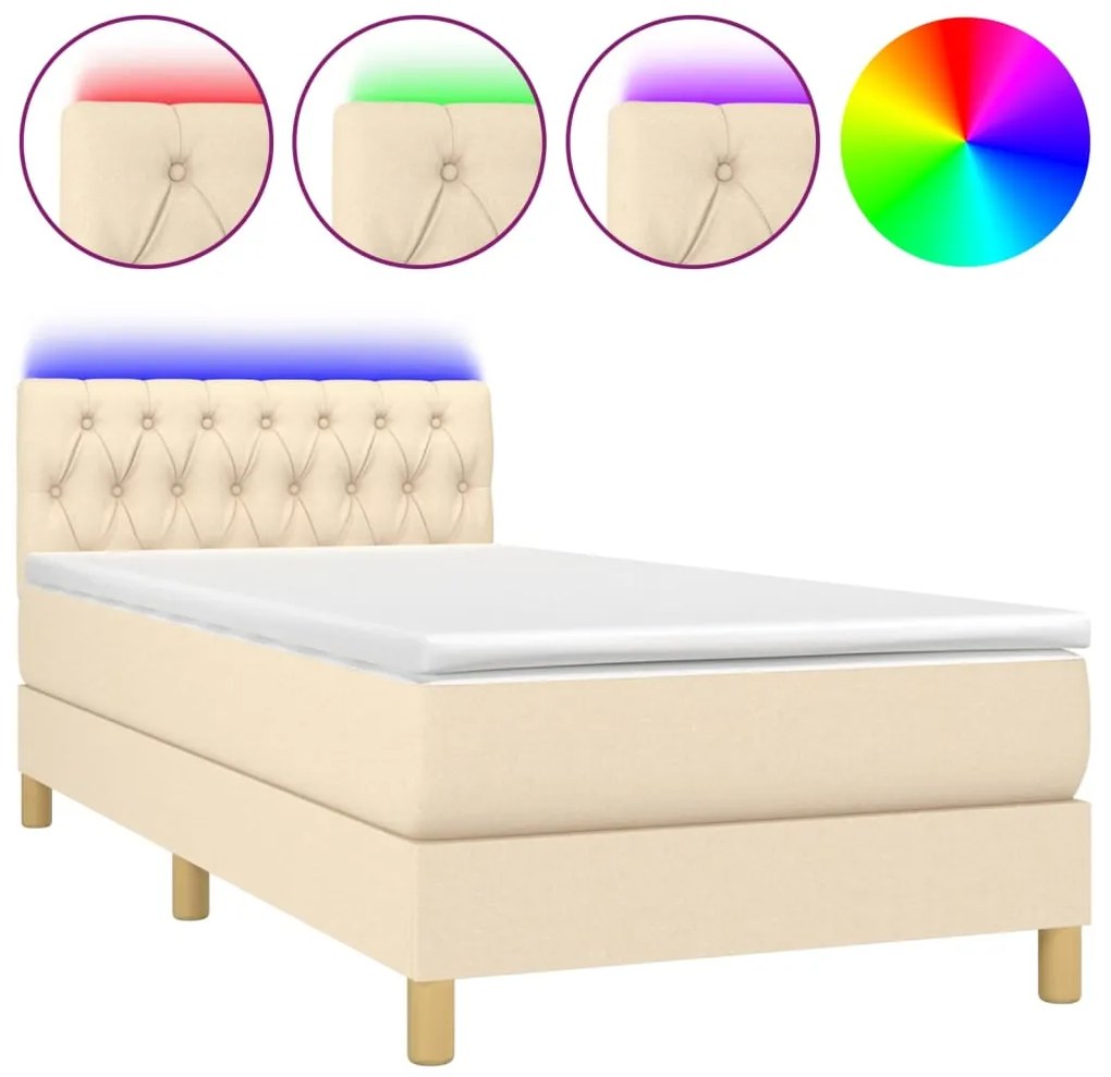 vidaXL Κρεβάτι Boxspring με Στρώμα &amp; LED Κρεμ 100x200 εκ. Υφασμάτινο