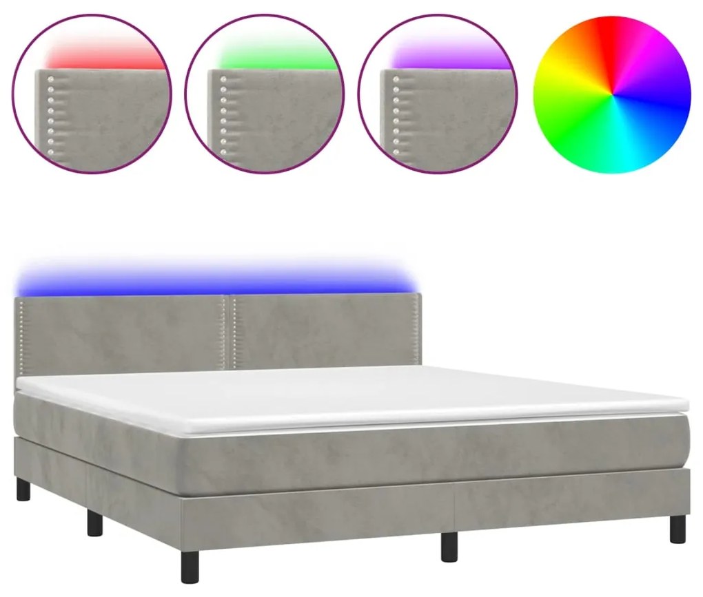 vidaXL Κρεβάτι Boxspring με Στρώμα & LED Αν.Γκρι 180x200 εκ. Βελούδινο