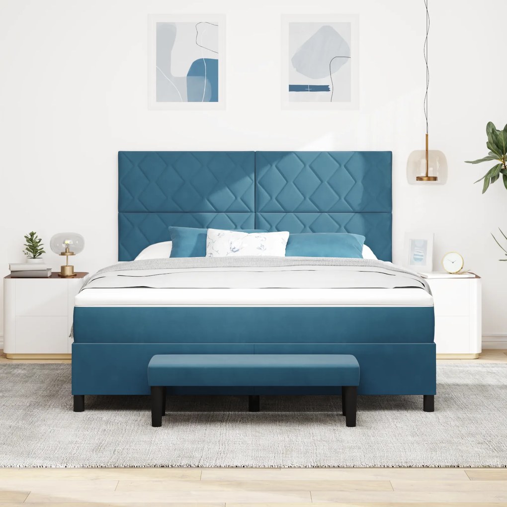 vidaXL Κρεβάτι Box Spring με Στρώμα & Παγκάκι Σκούρο Μπλε 180x200 cm Βελούδο