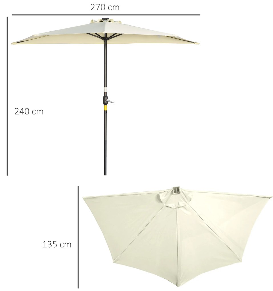 Outsunny Ομπρέλα, ομπρέλα βεράντας, ημικυκλική, με ηλιακό πάνελ, 20 LED, μανιβέλα, μπεζ, 2,70 x 1,35 x 2,40 m