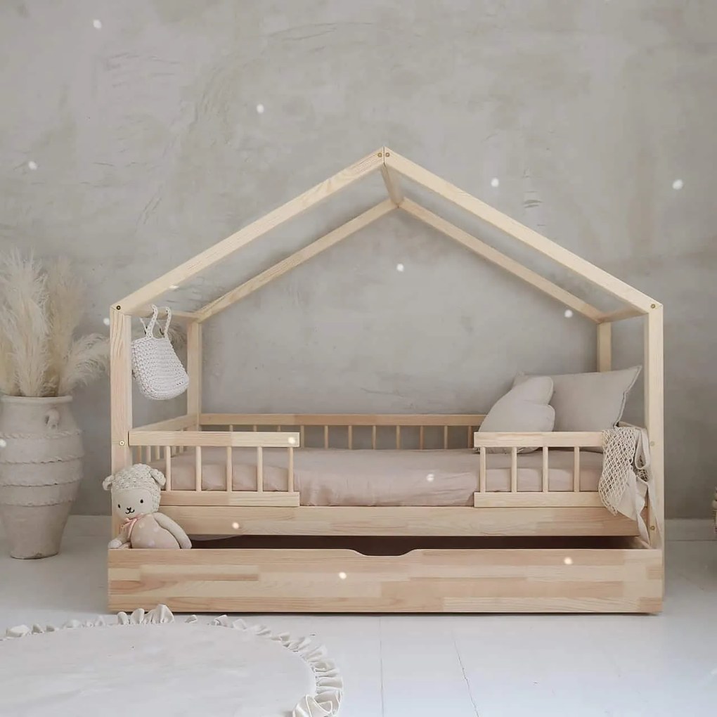 Κρεβάτι Παιδικό Montessori HouseBed Bello Duo Plus με Αφαιρούμενα Κάγκελα 23cm  + Συρτάρι σε Φυσικό  Ξύλο  90×200cm  Luletto (Δώρο 10% έκπτωση στο Στρώμα)