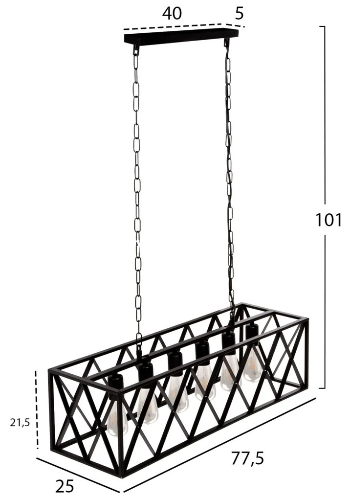 Φωτιστικό Οροφής Κρεμαστό 6φωτο-Μαύρος Μεταλλικός Σκελετός 77,5x25x101yεκ.