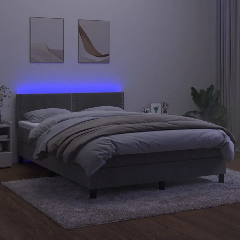 Κρεβάτι Boxspring με Στρώμα &amp; LED Αν.Γκρι 140x200 εκ. Βελούδινο - Γκρι