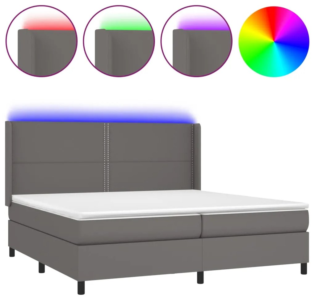 Κρεβάτι Boxspring με Στρώμα &amp; LED Γκρι 200x200 εκ. Συνθ. Δέρμα - Γκρι