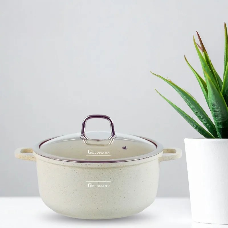 Κατσαρόλα Goldmann GM-0324B, 4,5 l, 24 cm, Αντικολλητική μαρμάρινη επίστρωση, Καπάκι με άνοιγμα, Επαγωγή, Μπεζ