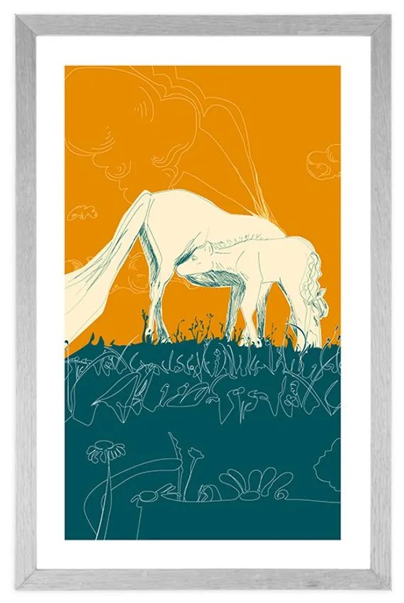 Αφίσα με πασπαρτού Άλογο σε λιβάδι - 60x90 silver