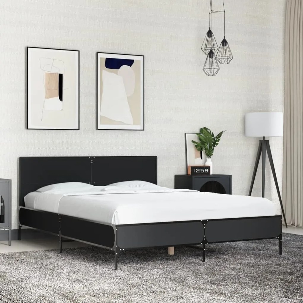 vidaXL Πλαίσιο Κρεβατιού Μαύρο 135x190 εκ. Επεξ. Ξύλο &amp; Μέταλλο