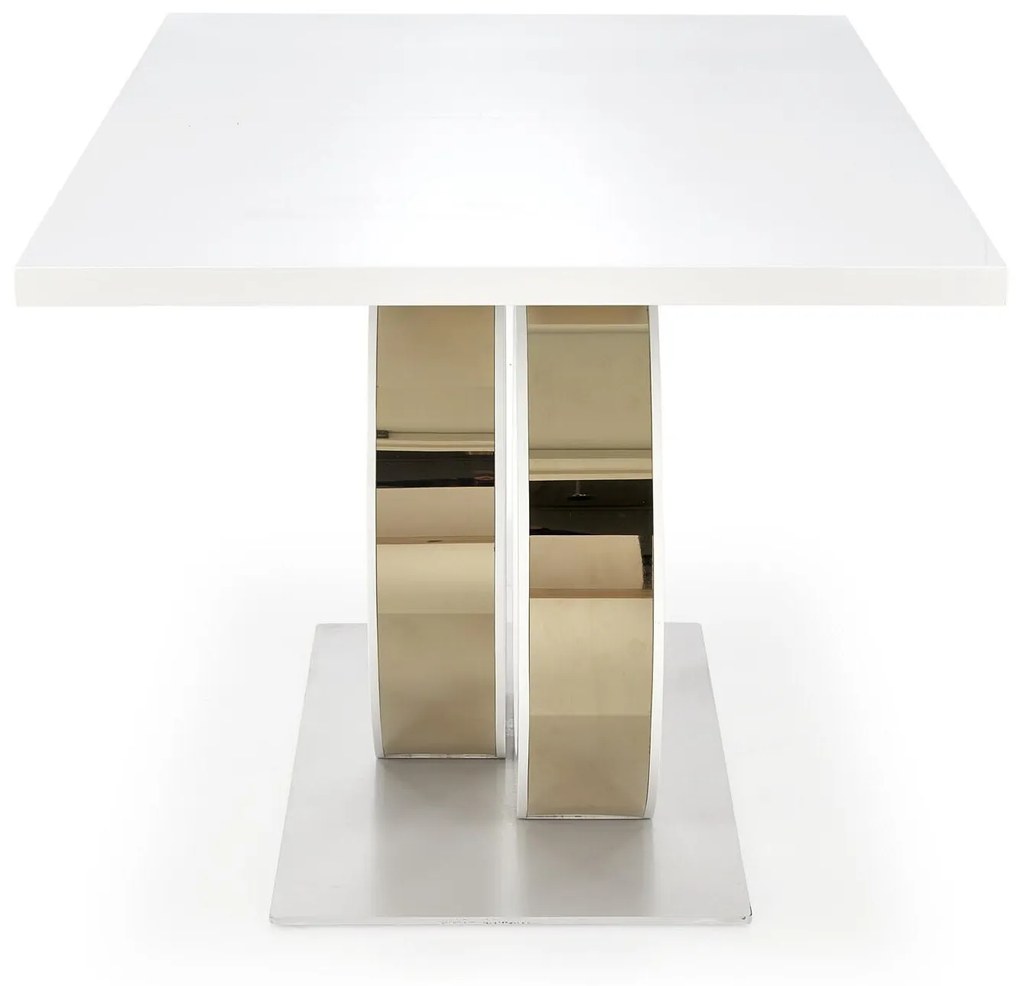 Τραπέζι Houston 1660, Γυαλιστερό λευκό, Χρυσό, 77x90x160cm, 110 kg, Επιμήκυνση, Ινοσανίδες μέσης πυκνότητας, Μέταλλο, Ινοσανίδες μέσης πυκνότητας