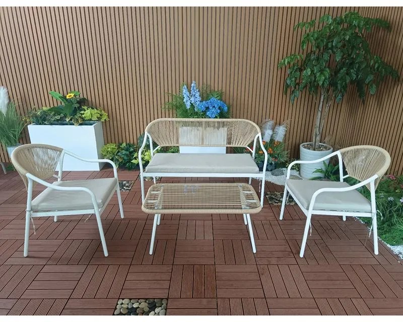 WOODWELL PALERMO Set Καθιστικό Κήπου Μεταλλικό Άσπρο,Wicker Φυσικό: Τραπέζι+2 Θέσιος+2 Πολυθρόνες 88x48x40-124x63x78-60x63x78cm Ε257,1