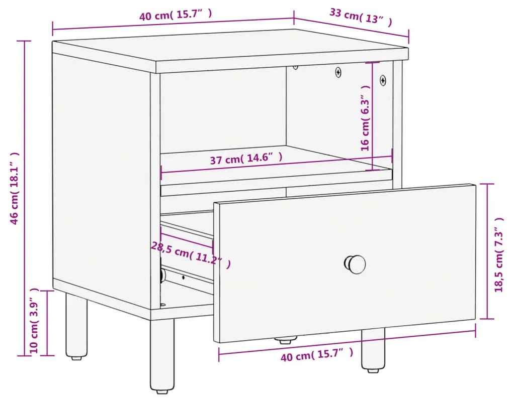 Κομοδίνα 2 τεμ. Μαύρα 40 x 33 x 46 εκ. από Μασίφ Ξύλο Μάνγκο - Μαύρο