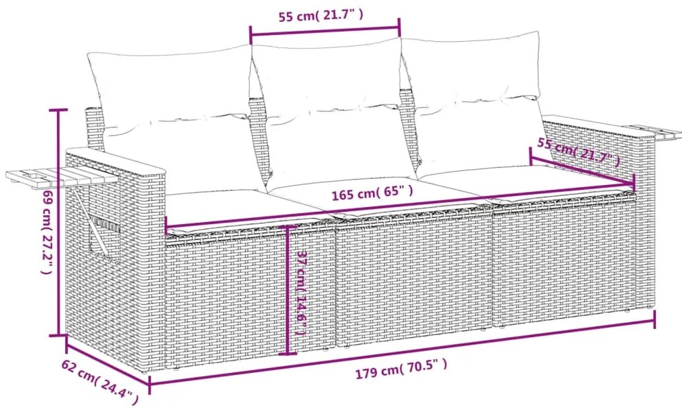 vidaXL Σετ Καναπέ Κήπου 3 Τεμαχίων Μαύρο Συνθετικό Ρατάν με Μαξιλάρια
