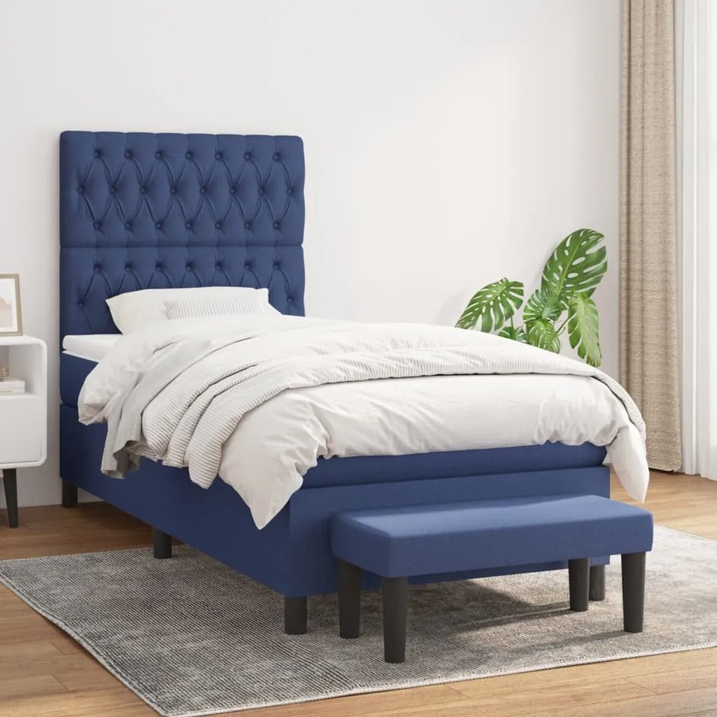 vidaXL Κρεβάτι Boxspring με Στρώμα Μπλε 90x190 εκ.Υφασμάτινο