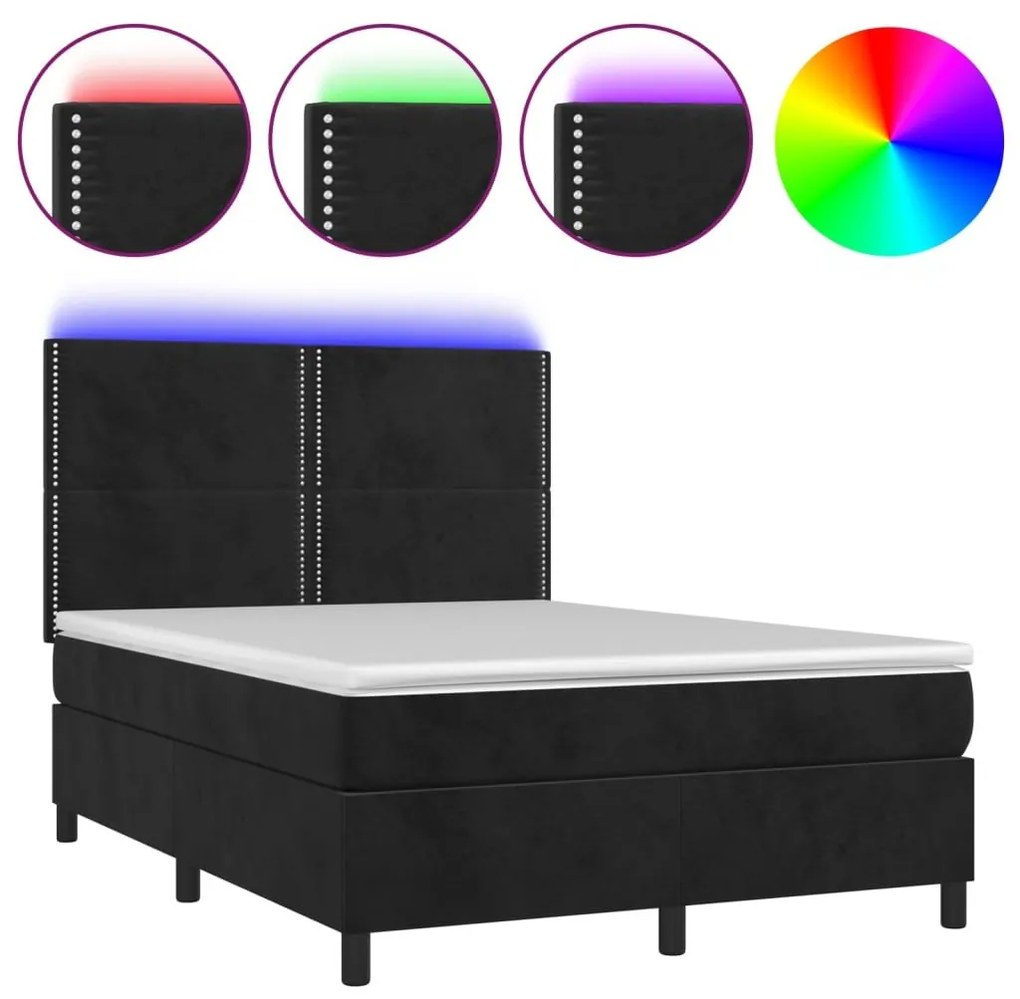 Κρεβάτι Boxspring με Στρώμα &amp; LED Μαύρο 140x200 εκ. Βελούδινο - Μαύρο