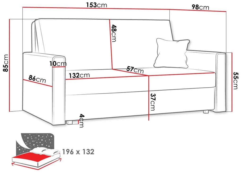 Καναπές κρεβάτι Columbus 188, Αριθμός θέσεων: 2, Αποθηκευτικός χώρος, 85x153x98cm, 67 kg, Πόδια: Μέταλλο | Epipla1.gr