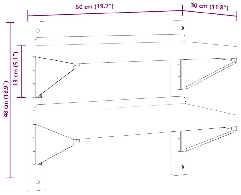 Ράφι Τοίχου 2 Επιπ. Ασημί 50x30x48 εκ. Ανοξείδωτο Ατσάλι - Ασήμι