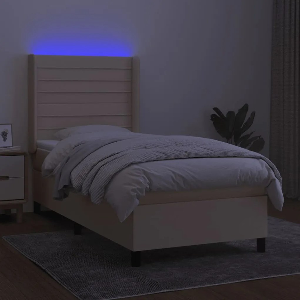 Κρεβάτι Boxspring με Στρώμα &amp; LED Κρεμ 100x200 εκ. Υφασμάτινο - Κρεμ