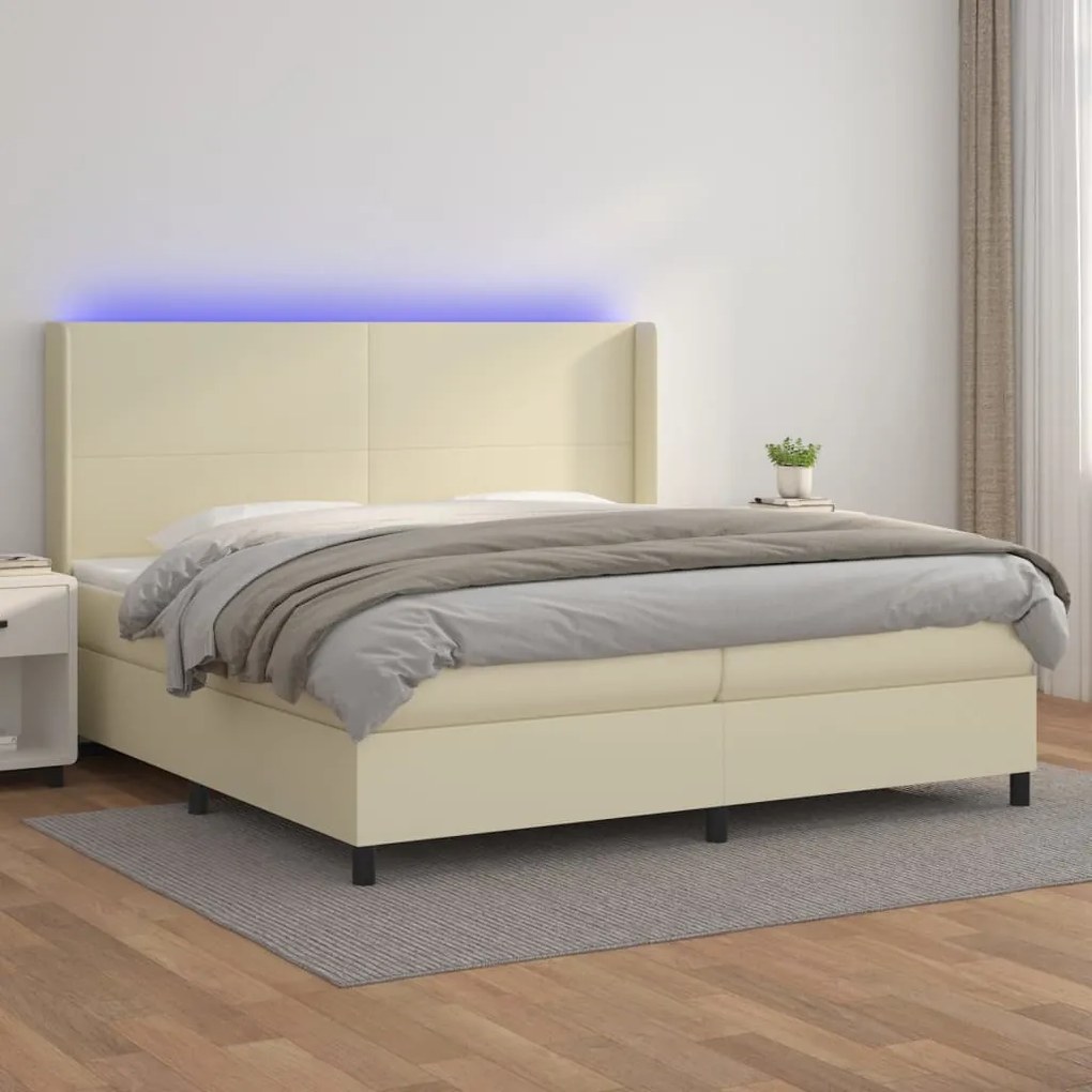 vidaXL Κρεβάτι Boxspring με Στρώμα & LED Κρεμ 200x200 εκ. Συνθ. Δέρμα