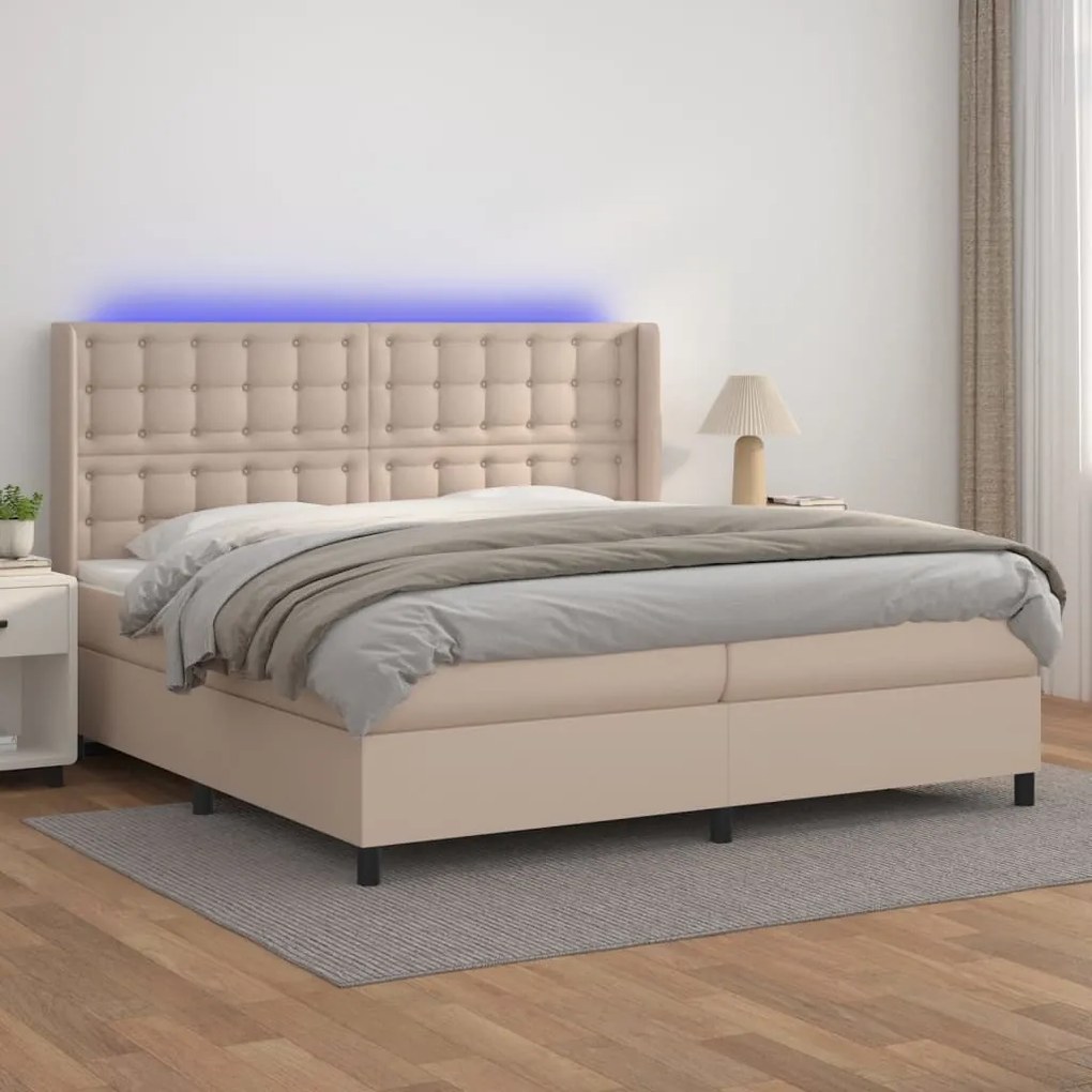 vidaXL Κρεβάτι Boxspring Στρώμα&LED Καπουτσίνο 200x200 εκ. Συνθ. Δέρμα