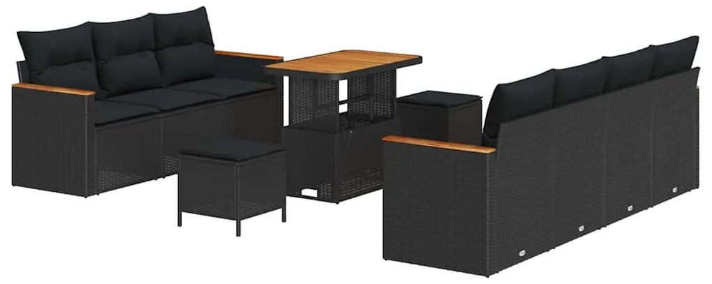 vidaXL Σετ Σαλονιού Κήπου 10 Τεμαχίων με Μαξιλάρια σε Μαύρο Πολυ Ράτταναν