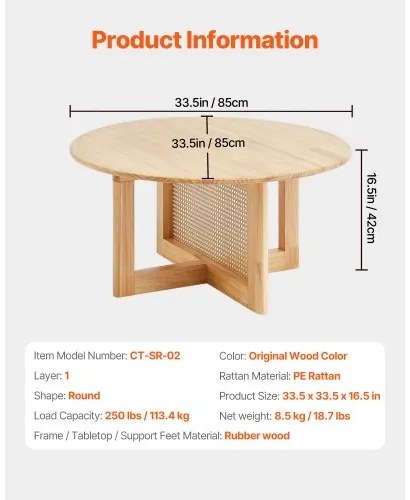 VEVOR Rattan Coffee Table Round Wood Coffee Table Single Tier for Living Room