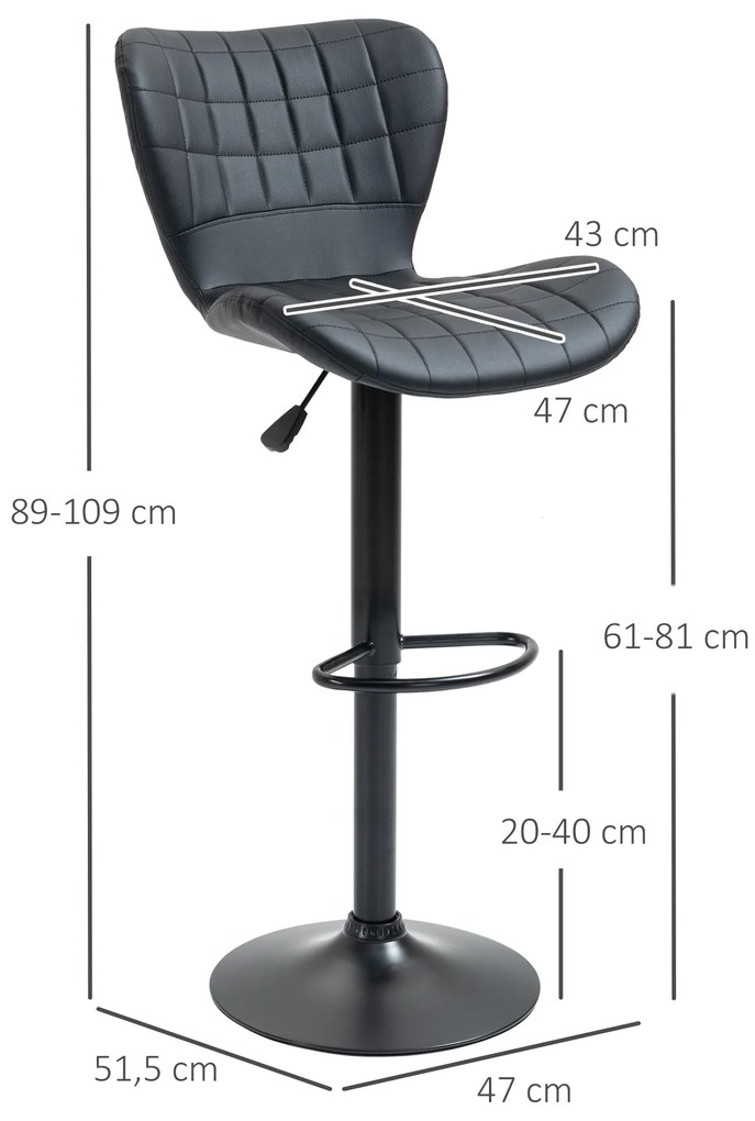 HOMCOM Σετ 2 σκαμπό μπαρ ρετρό σχεδίασης 47 cm x 51,5 cm x 89-109 cm Μαύρο