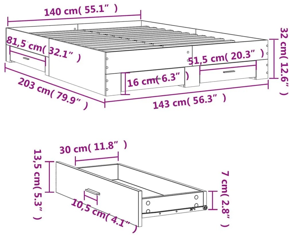 Πλαίσιο Κρεβατιού με συρτάρια Καφέ δρυς 140x200 εκ. Επεξ. Ξύλο - Καφέ