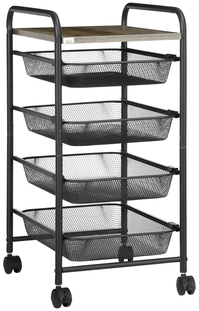 Τροχήλατο καρότσι HOMCOM με 4 καλάθια, καρότσι κουζίνας, 4 τροχοί με 2 φρένα, καρότσι πολλαπλών χρήσεων, Μαύρο, 41,5 x 31 x 66 cm