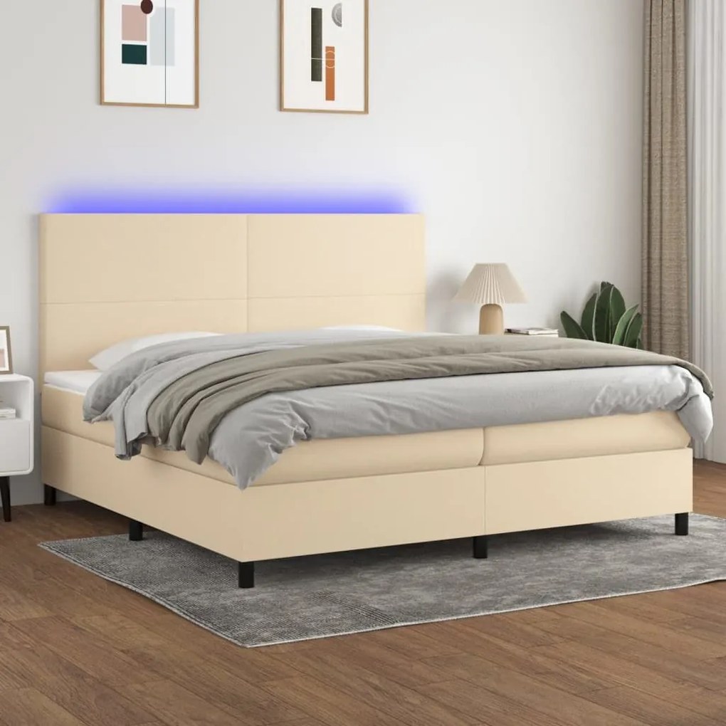 Κρεβάτι Boxspring με Στρώμα &amp; LED Κρεμ 200x200 εκ. Υφασμάτινο - Κρεμ