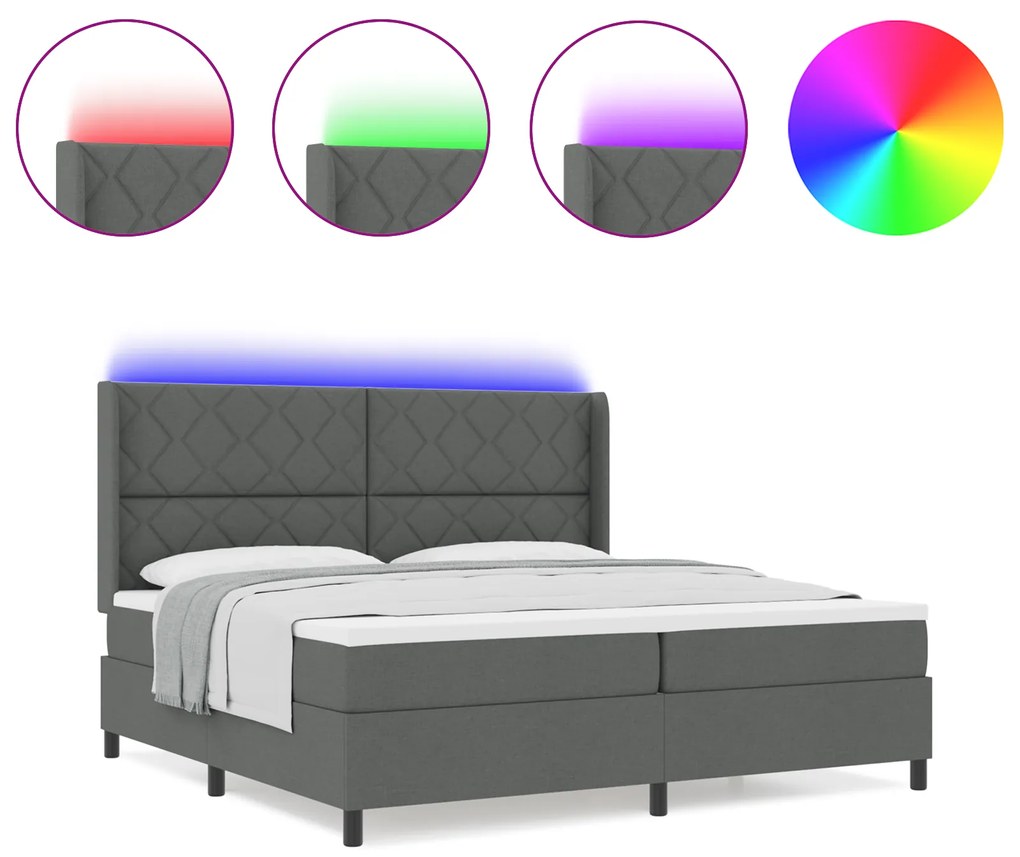 vidaXL κρεβάτι Box Spring με στρώμα & LED σε σκούρο γκρι, 200x200 εκ. ύφασμα