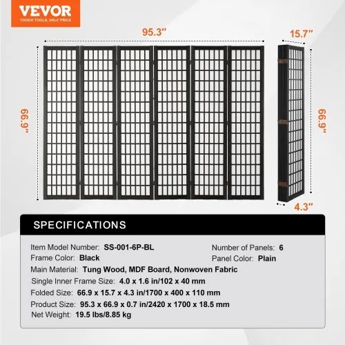 VEVOR Room Divider Japanese Wall Divider 4 Pane for Room Separation (Black)