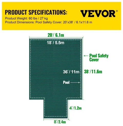 VEVOR Pool Safety Cover Fits 18x36ft Rectangle Inground Pools, Safety Pool Cover with 4x10ft Center End Step, Mesh Solid Pool Cover with Drainage Holes for Swimming Pool, Winter Safety Cover, Green