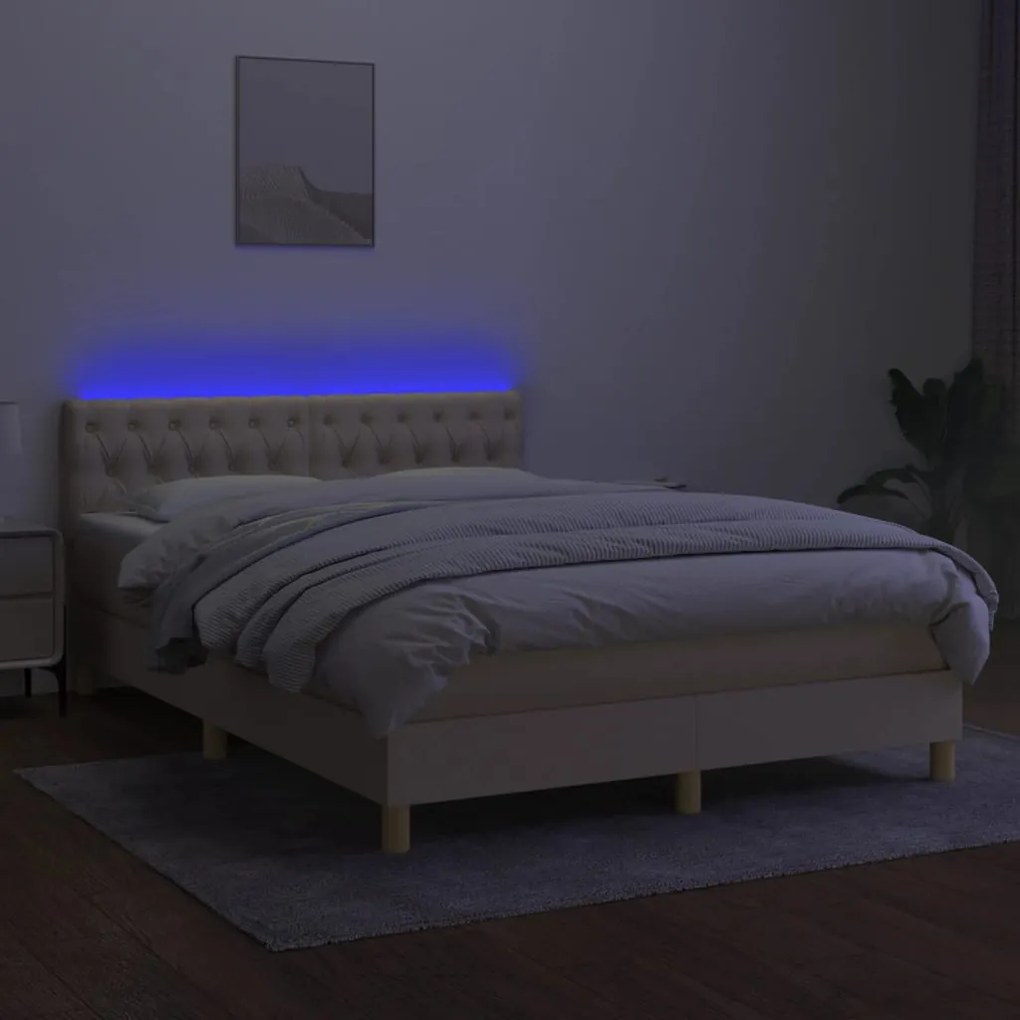 Κρεβάτι Boxspring με Στρώμα &amp; LED Κρεμ 140x200 εκ. Υφασμάτινο - Κρεμ