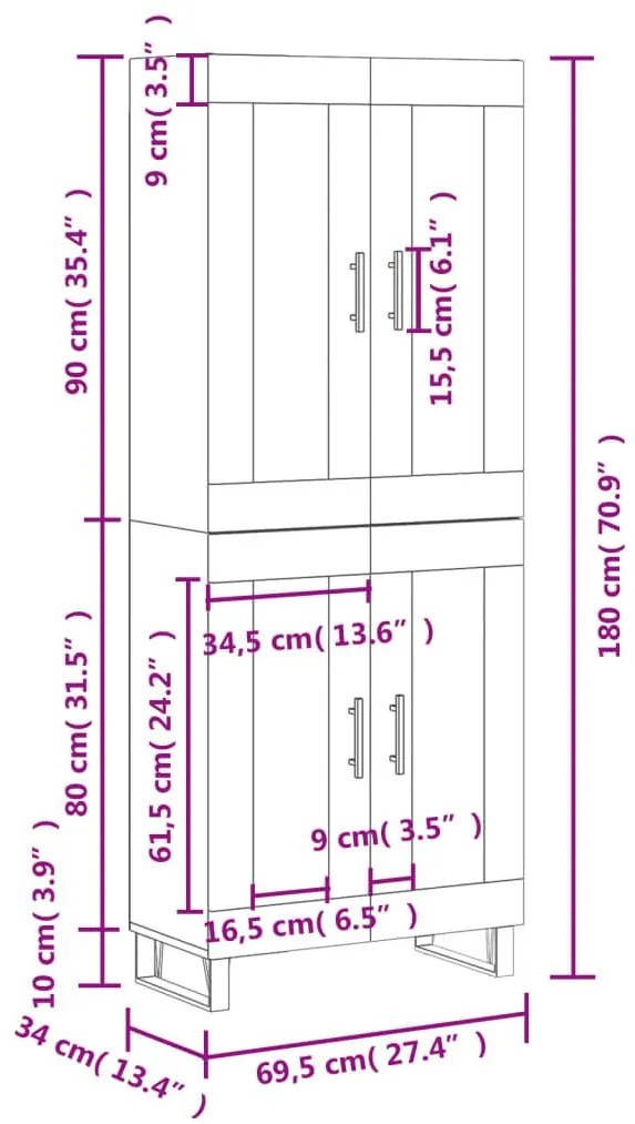 Ντουλάπι Μαύρο 69,5x34x180 εκ. από Επεξεργασμένο Ξύλο - Μαύρο