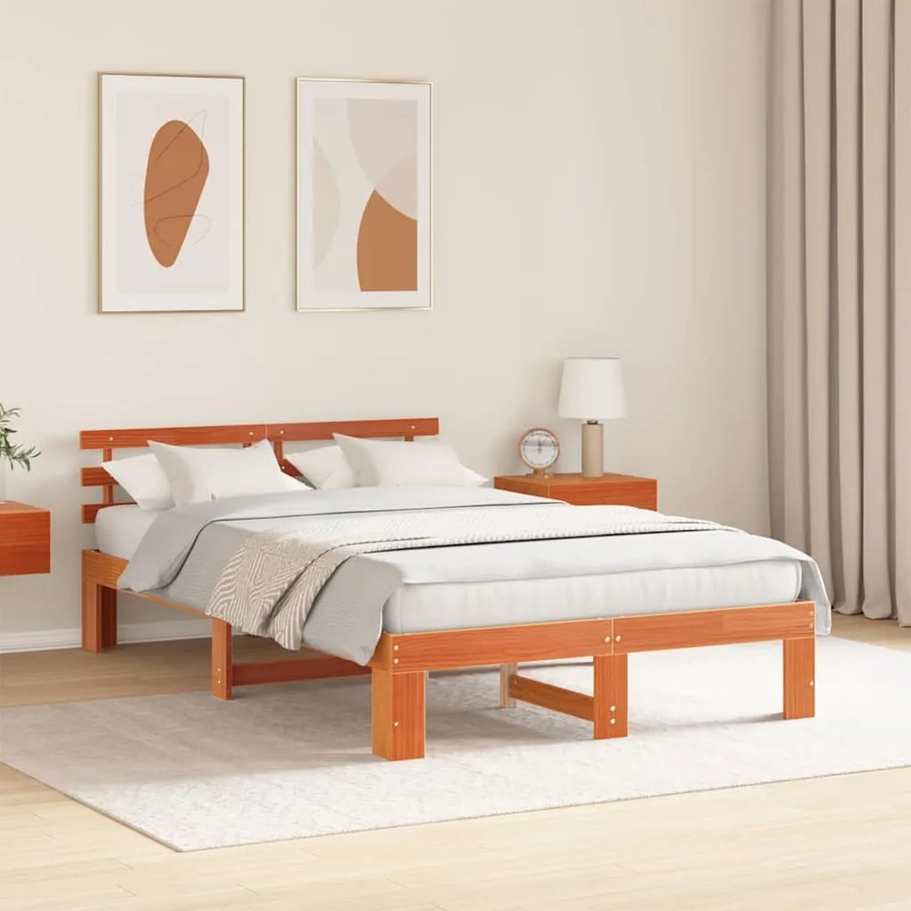 vidaXL Σκελετός Κρεβατιού Καφέ 135 x 190 cm Μασίφ ξύλο πεύκου