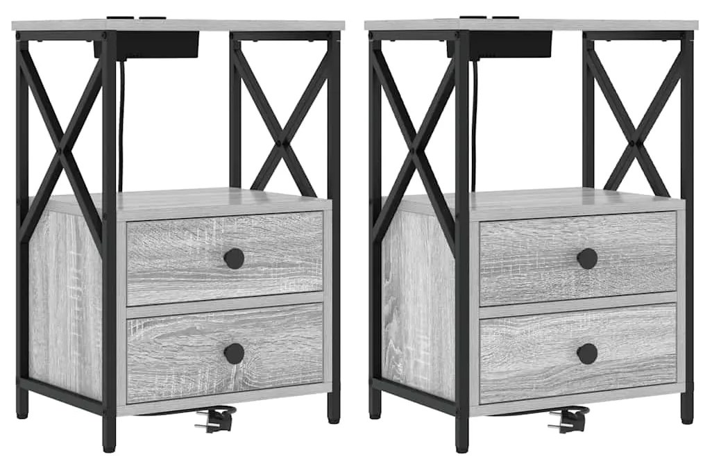 vidaXL Κομοδίνο με Σταθμό Φόρτισης με συρτάρι 2 pcs Γκρι sonoma