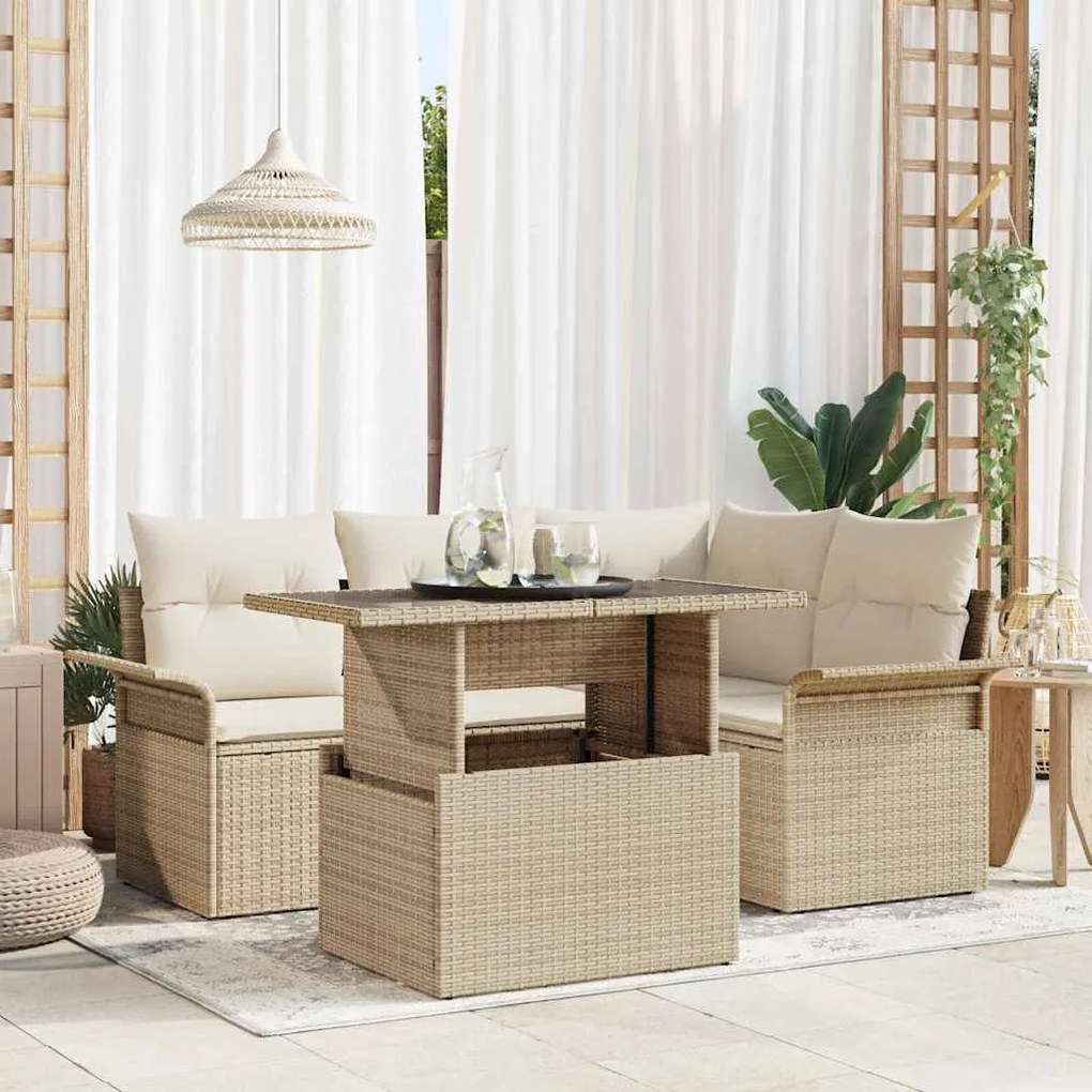 vidaXL Σετ Καναπέ Κήπου με μαξιλάρι 5 pcs Μπεζ Πολυ ράταν