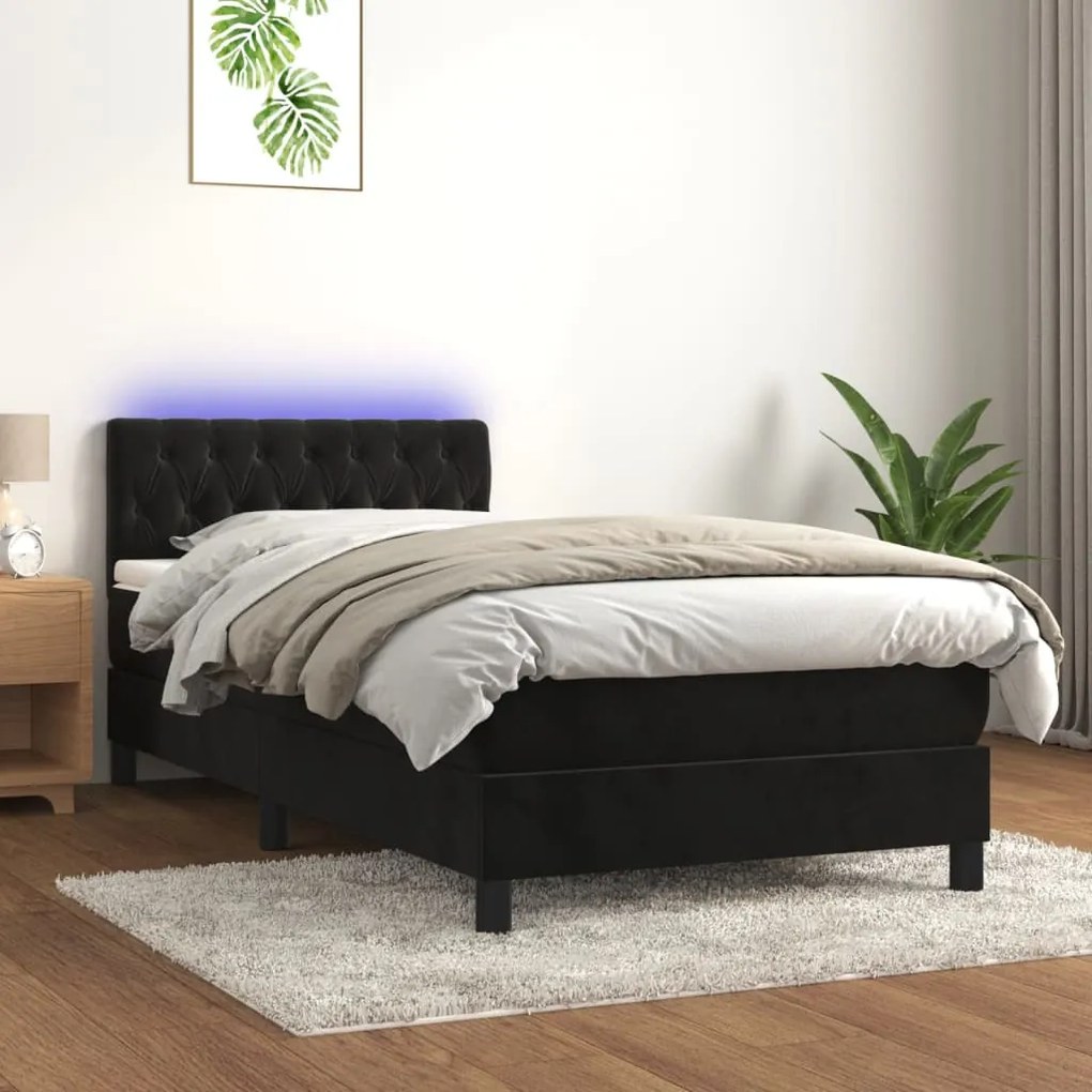vidaXL Κρεβάτι Boxspring με Στρώμα & LED Μαύρο 90x200 εκ. Βελούδινο