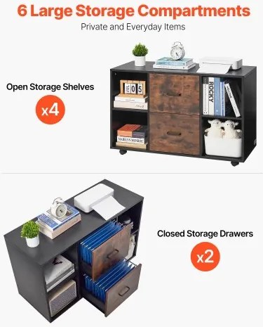 VEVOR 2 Drawer Wooden File Cabinet Mobile Filing Cabinet with Open Shelves Black