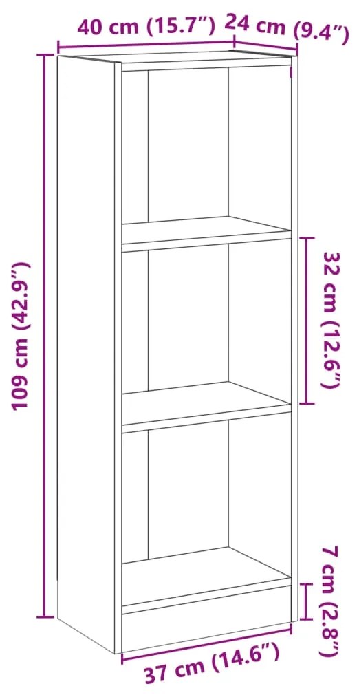 Βιβλιοθήκη με 3 Ράφια Γυαλ. Λευκό 40x24x109 εκ. Επεξεργ. Ξύλο 800834
