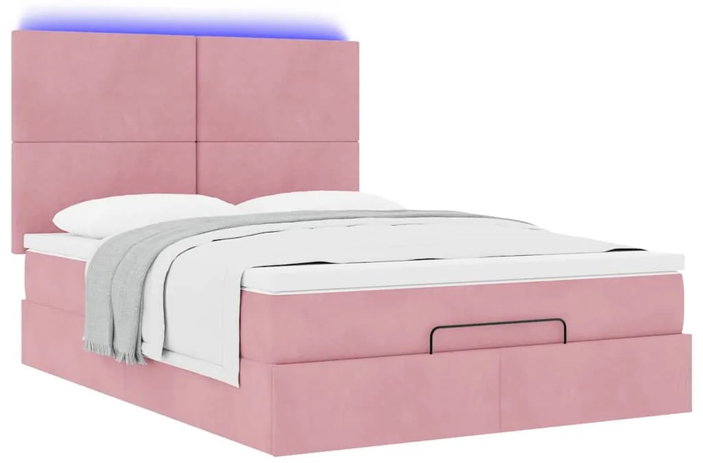 vidaXL Οθωμανικό κρεβάτι με στρώματα & LEDs Ροζ 140x190cm Βελούδο