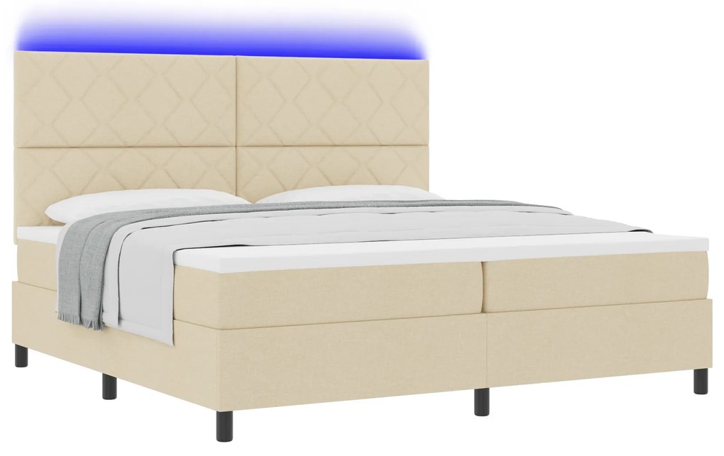 vidaXL Κρεβάτι με ελατήρια, στρώμα και φως LED - Κρεμ, 200 x 200 εκ., Ύφασμα