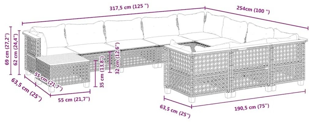 Σαλόνι Κήπου Σετ 11 τεμ. Μπεζ Συνθετικό Ρατάν με Μαξιλάρια - Μπεζ