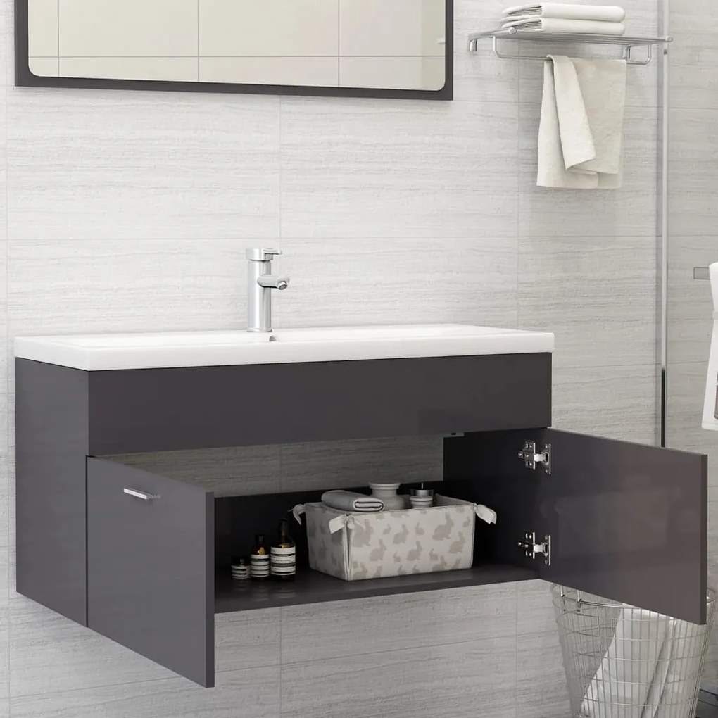 vidaXL Ντουλάπι Νιπτήρα Γυαλιστερό Γκρι 100x38,5x46εκ. από Μοριοσανίδα