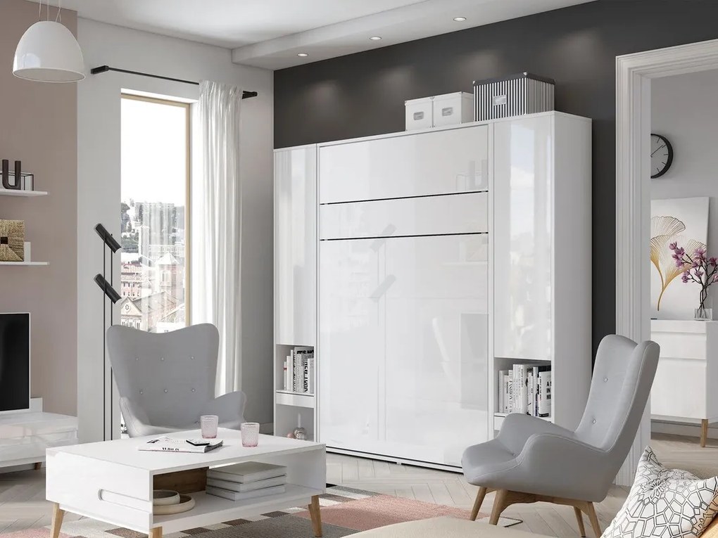 Κρεβάτι - ντουλάπα Concept Pro Lenart AH103, Διπλό, Άσπρο, 180x200, Ινοσανίδες μέσης πυκνότητας, Πλαστικοποιημένη μοριοσανίδα, Τάβλες για Κρεβάτι, 191cm
