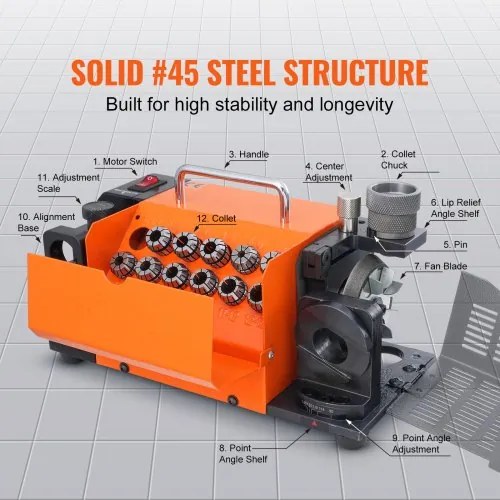VEVOR Drill Bits Sharpener, MR-13A Bits Grinder Sharpener 3-13mm, 95° to 135° Point Angle Adjustable Drill Bit Re-Sharpener, Portable Sharpening Machine with 11 Collets, CBN &amp; SDC Wheel